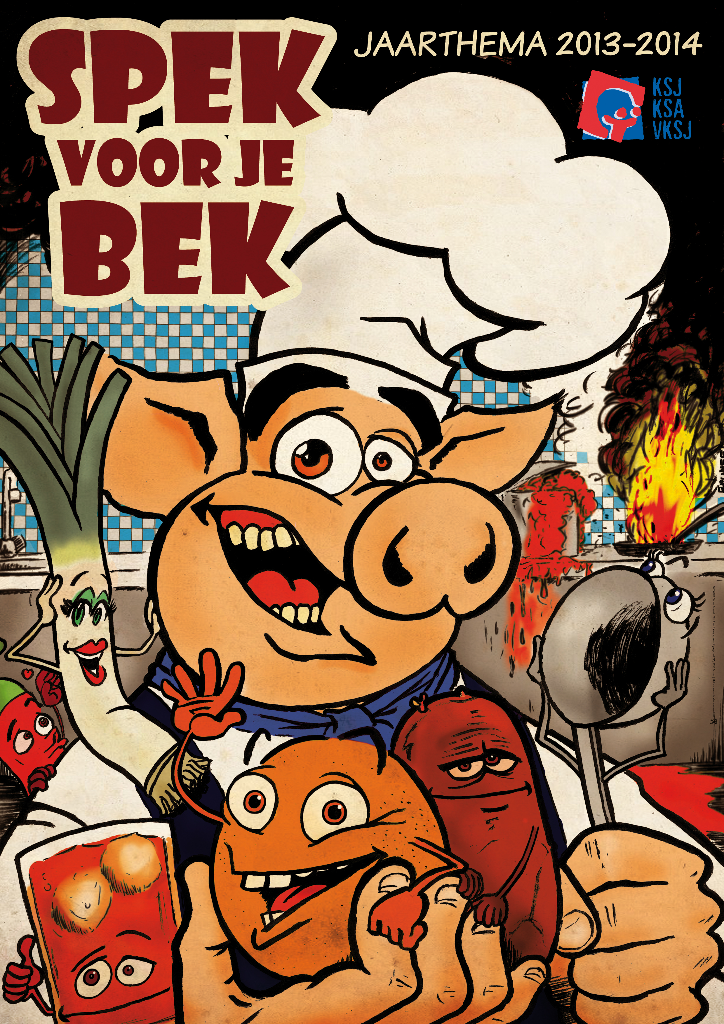 Jaarthema Spek voor je Bek affiche chef Bacon en keukenteam
